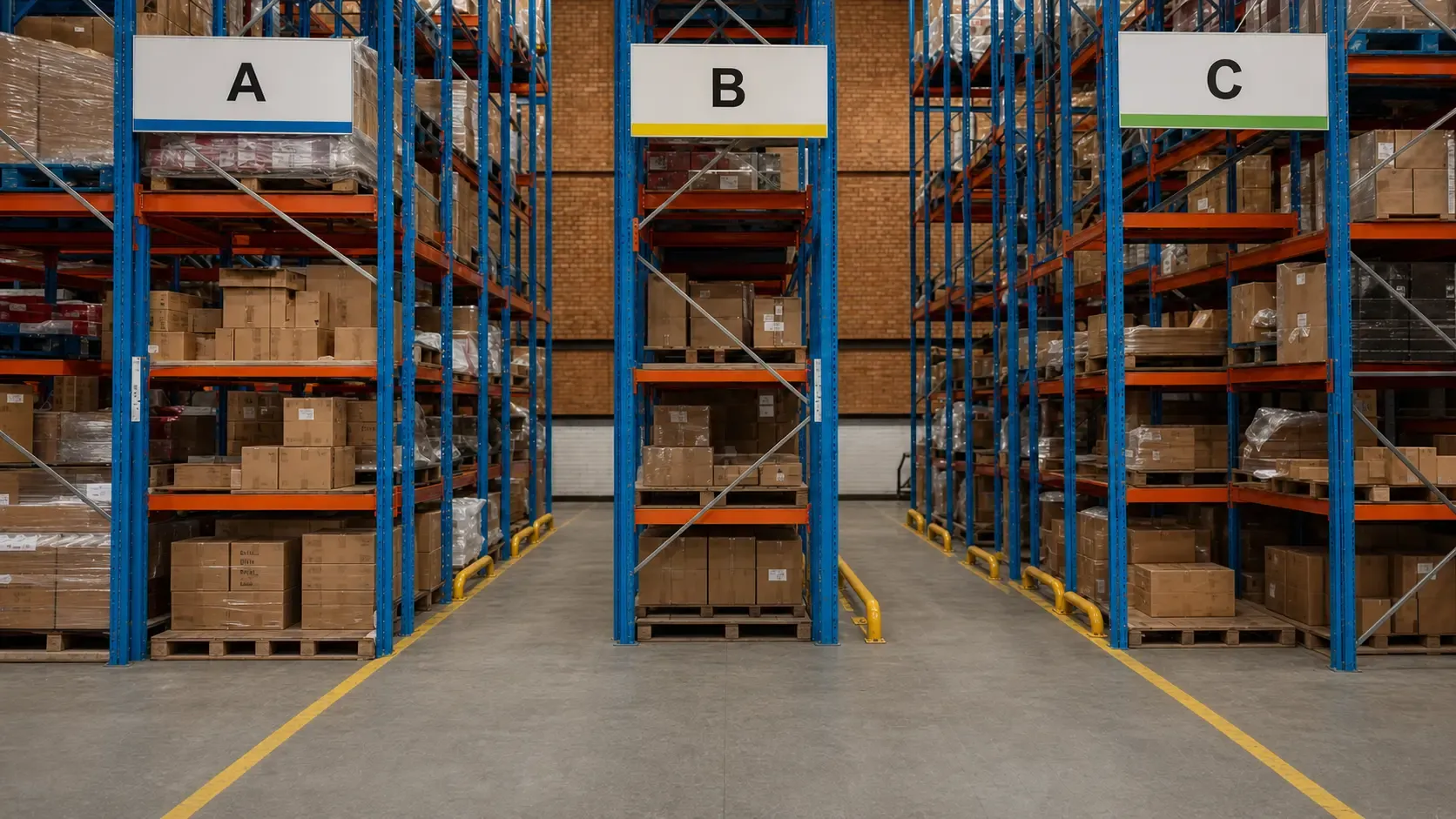 Three clearly marked picking areas inside MCF&rsquo;s warehouse, labelled A, B and C.