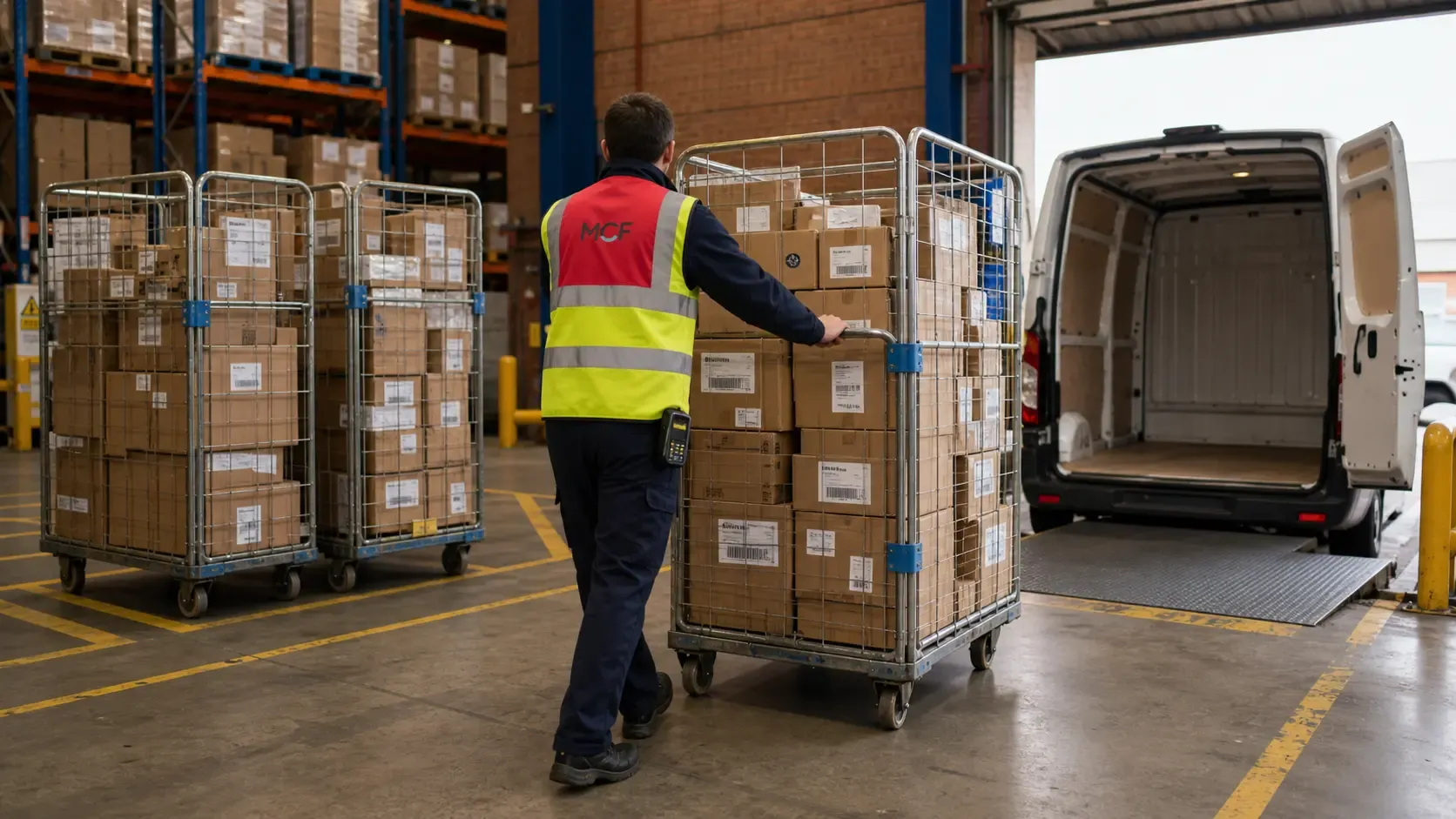 MCF warehouse operative moves labelled parcels through the loading bay for courier dispatch.