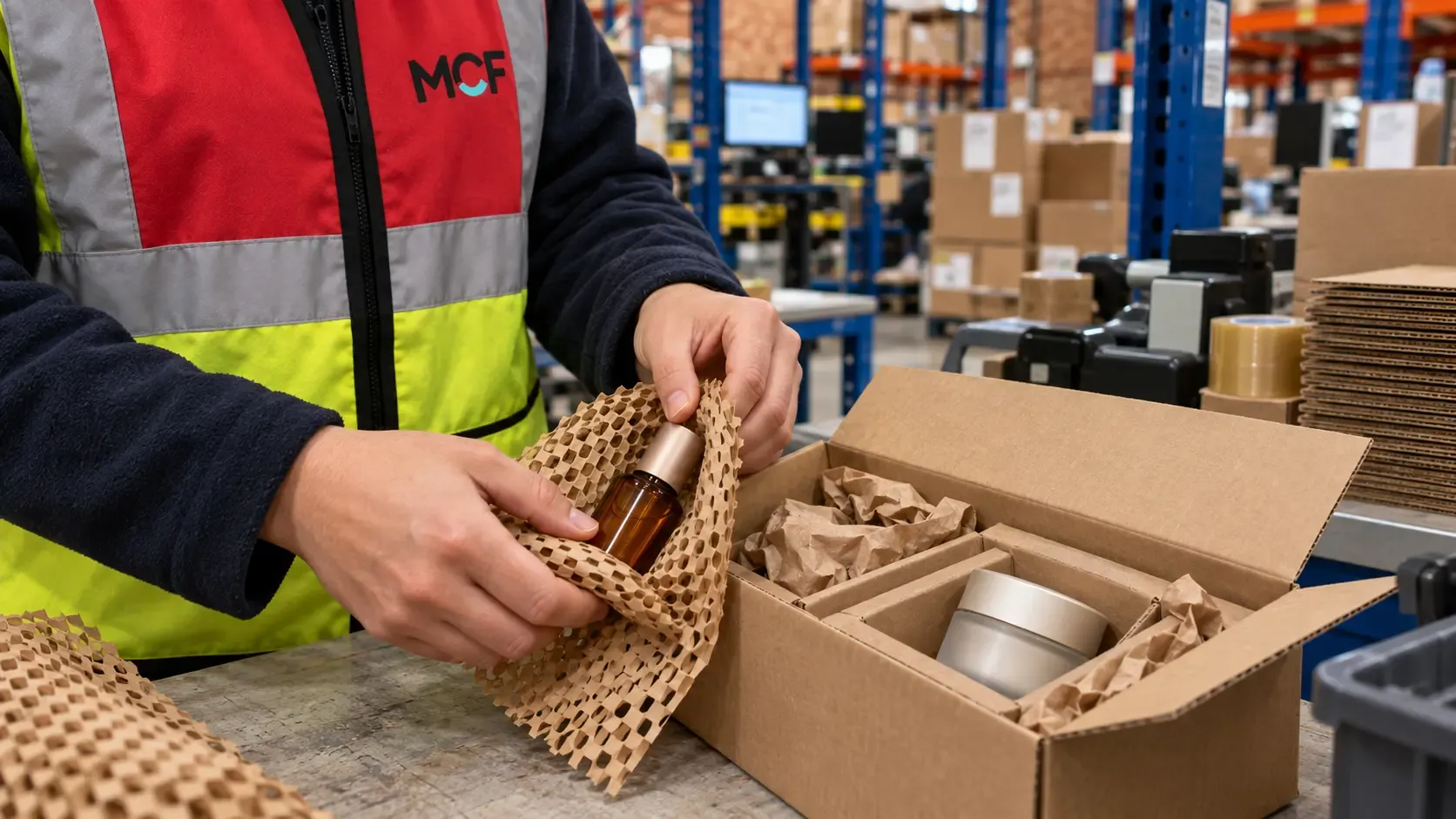 Fragile glass cosmetics packed with recyclable protective materials for transit at an MCF fulfilment centre.