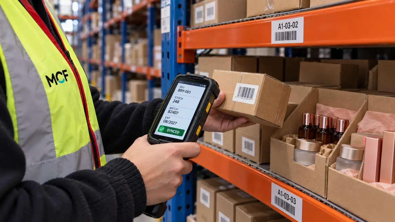An MCF warehouse operative uses a barcode scanner to view real-time stock, batch and expiry information across beauty SKUs