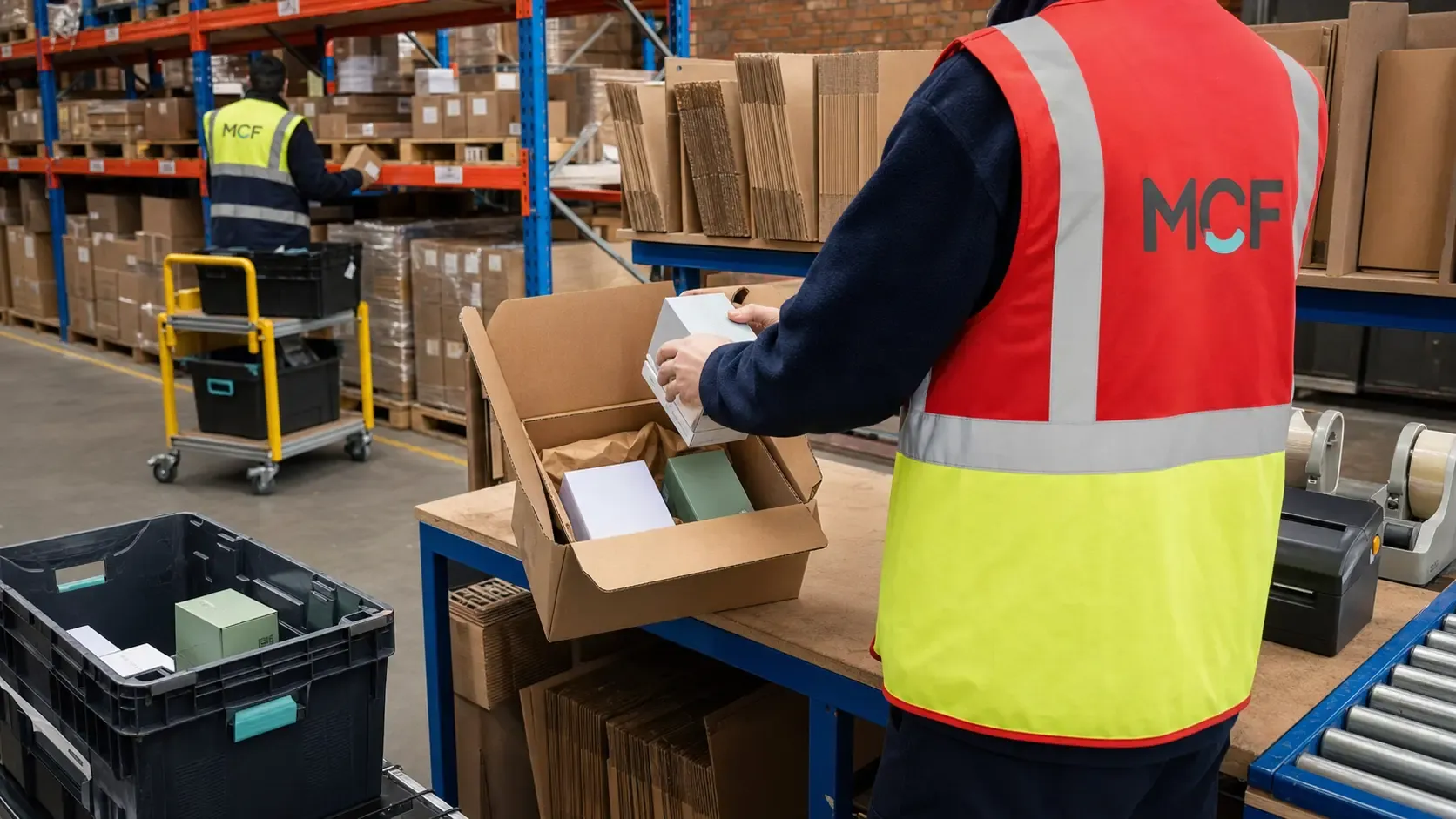MCF warehouse operatives pick products from storage racks and pack an order for dispatch.