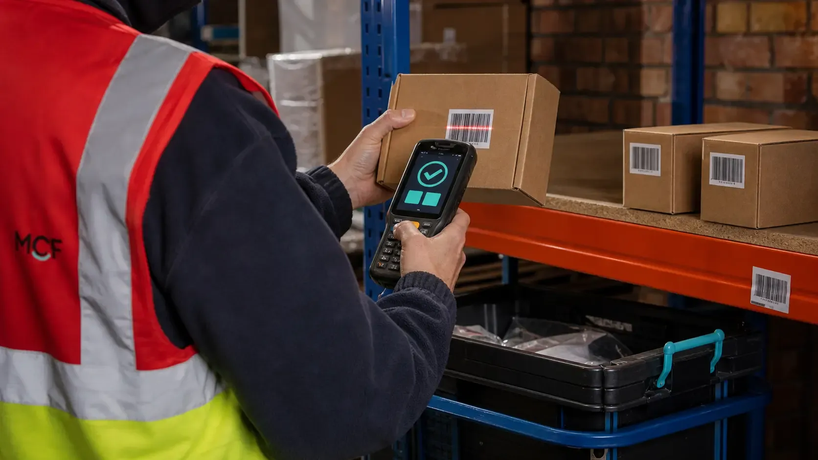 MCF operative scans a product barcode to verify the correct item before packing.