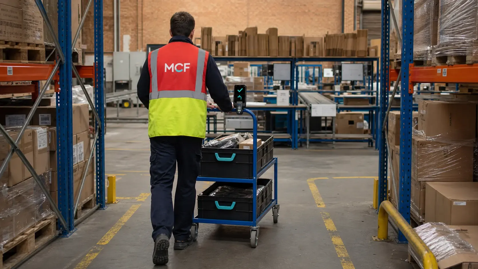 MCF pick packer moves verified orders from warehouse storage towards the packing area.
